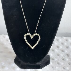 Vintage Rhinestone Necklace Open Heart Clear Stones Marked Sterling Clasp Chain